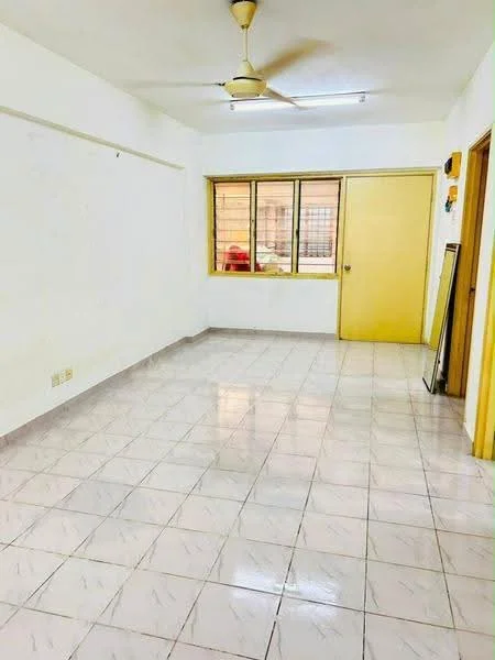 Room features: white painted walls, tile flooring, ceiling fan, large windows, yellow door, neutral color scheme, no visible furniture, natural light from windows; style: minimalist.