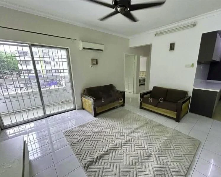 Living features: 2-seater fabric sofa in brown, 2-seater fabric sofa in beige, area rug with geometric pattern, wall-mounted split AC, ceiling fan, floor-to-ceiling sliding glass door, white painted walls, glossy white tile flooring; style: modern; view: garden.