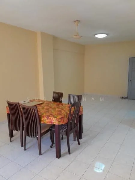 Dining features: 6-seater dining table with floral tablecloth, wooden dining chairs, cream painted walls, white tiled flooring, ceiling fan, round ceiling light, large empty space, doorway leading to another room.