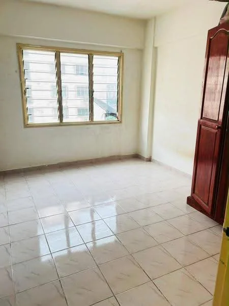 Room features: white painted walls, glazed tile flooring, large window with horizontal slats, wooden wardrobe, natural light from window.