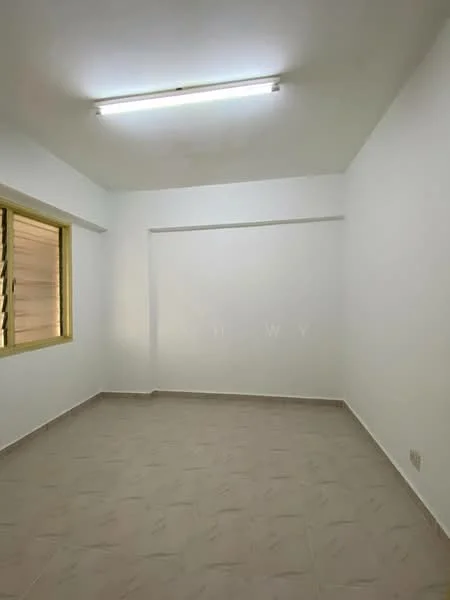 Room features: white painted walls, tile flooring, fluorescent ceiling lights, large window with grid, neutral color scheme; style: minimalist.