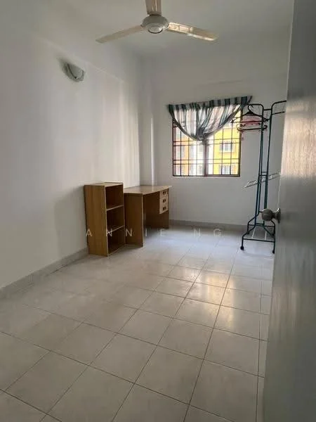 Room features: white painted walls, tile flooring, ceiling fan, window with grid pattern, desk with drawers, open shelving unit, natural light from window, curtains with striped pattern.