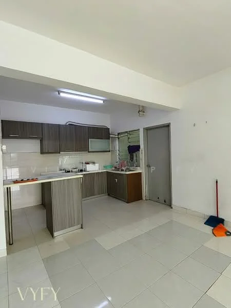 Kitchen features: laminate cabinetry in brown, white tiled backsplash, single-bowl stainless-steel sink, chrome pull-down faucet, countertop with overhang for seating, built-in oven, freestanding range oven, refrigerator, ceramic tile flooring, fluorescent ceiling lights, window with sheer curtains, open layout, clean white walls; style: modern.