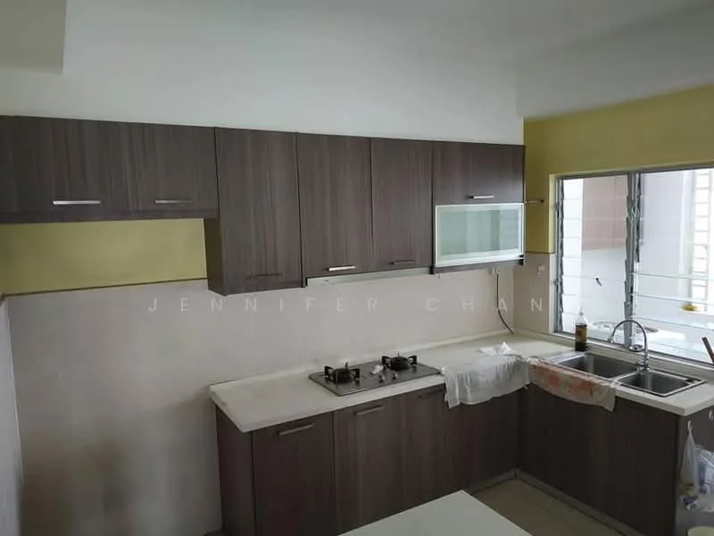 Kitchen features: brown wooden cabinetry, white countertop, stainless-steel sink, chrome pull-down faucet, built-in microwave, 4-burner gas hob, tile backsplash, window with metal grille, light-colored walls, laminate flooring; style: modern.