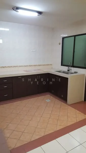 Kitchen features: brown cabinetry, white countertop, single-bowl stainless-steel sink, chrome pull-down faucet, ceramic tile flooring in beige, white tiled walls, window with black frame, built-in stove, exhaust hood; style: modern.