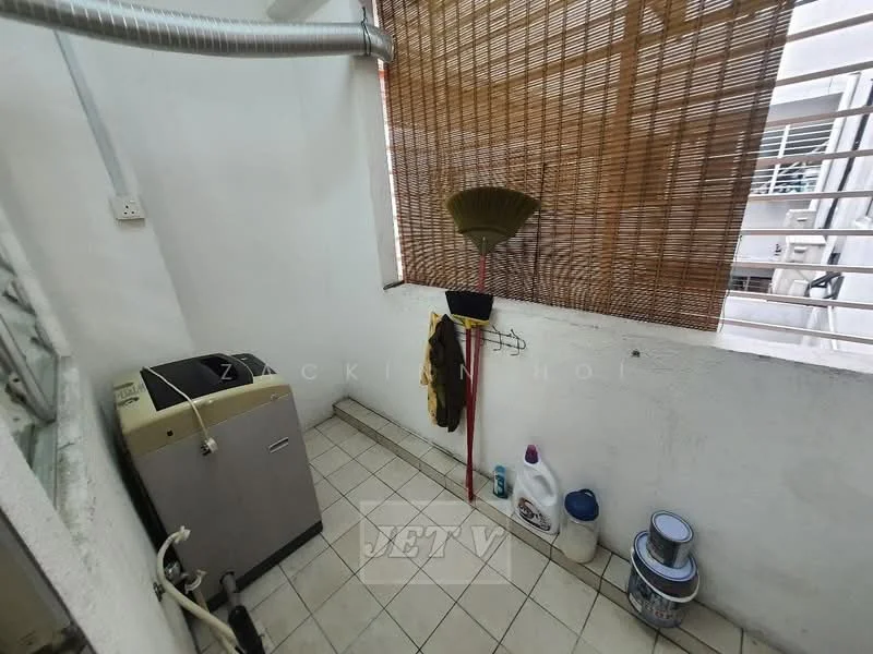 Laundry features: top-load washing machine, broom, mop, cleaning supplies, tiled flooring, white painted walls, window with bamboo blinds, hanging hooks.