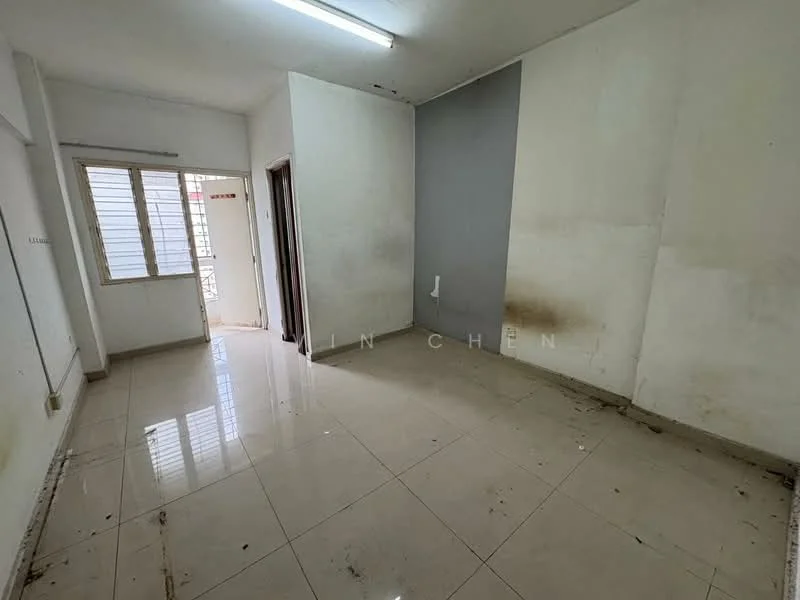 Room features: white painted walls, grey accent wall, glossy tile flooring, floor-to-ceiling window, natural light from window, ceiling lights, visible stains on walls, empty space.
