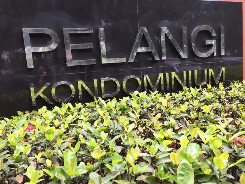 Exterior features: black stone signage, green landscaping, hedge plants, flowering plants; style: modern.
