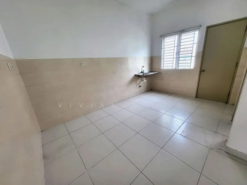 Room features: white painted walls, beige tiled walls, white ceiling, ceramic tile flooring, single-bowl stainless-steel sink, window with horizontal slats, door with handle, corner countertop, no visible appliances, no visible furniture; style: minimalist.