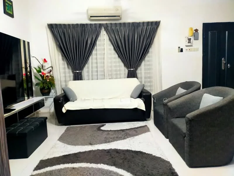 Living features: 3-seater black sofa with white throw, 2 grey armchairs, large flat-screen TV on wall-mounted console, white curtains, grey and white area rug with abstract pattern, wall-mounted air conditioning unit, decorative potted plant, white walls, dark wooden door; style: modern.