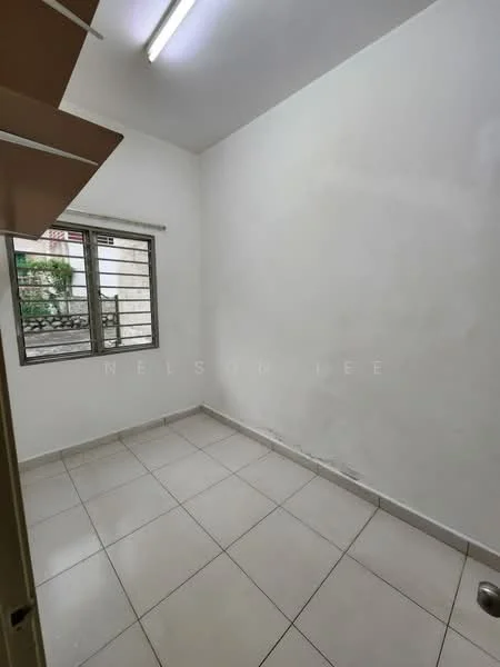 Room features: white painted walls, tile flooring, window with metal grille, ceiling lights, neutral color scheme.