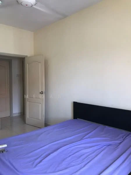 Bedroom features: queen-size bed with black headboard, purple bedspread, cream painted walls, white ceiling, ceiling fan, door to hallway, tile flooring.