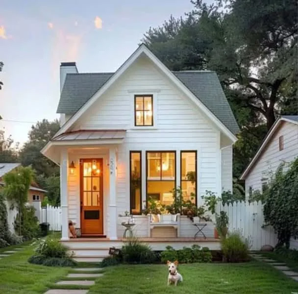 Exterior type: detached bungalow; features: white painted facade, pitched roof with shingles, front porch with steps, large windows with black frames, green lawn with landscaping, stone pathway, fenced yard, outdoor seating area, mature trees in background, decorative plants, dog in front yard; style: modern.
