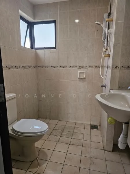 Bathroom features: white toilet, single-sink vanity with white cabinet, chrome basin mixer faucet, framed mirror, shower with wall-mounted showerhead, tile cladding on walls, ceramic tile flooring, window for natural light, towel holder, drain in floor.
