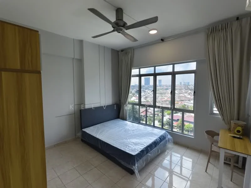 Bedroom features: queen-size bed with mattress protector, 5-blade ceiling fan, floor-to-ceiling windows, curtains, light-colored walls, tile flooring, wooden wardrobe, study desk with chair, decorative wall paneling; style: modern; view: city.