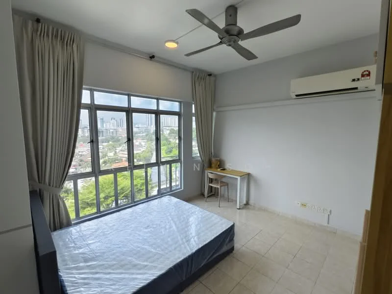 Bedroom features: floor-to-ceiling windows, grey painted walls, 5-blade ceiling fan, wall-mounted split AC, single bed, study desk, tile flooring, curtains; style: modern; view: city.