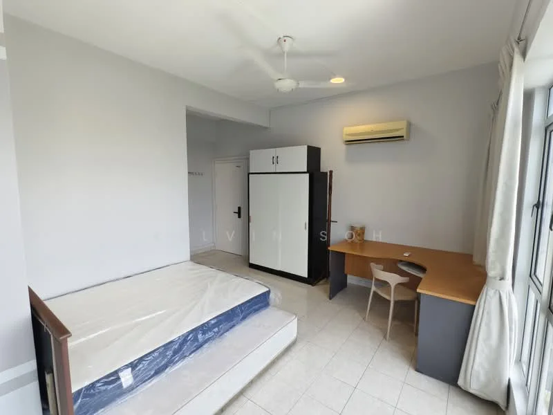 Bedroom features: queen-size bed frame without mattress, built-in wardrobe with sliding doors, study desk with chair, wall-mounted air conditioning unit, ceiling fan, white painted walls, tile flooring, large window with natural light; style: modern.
