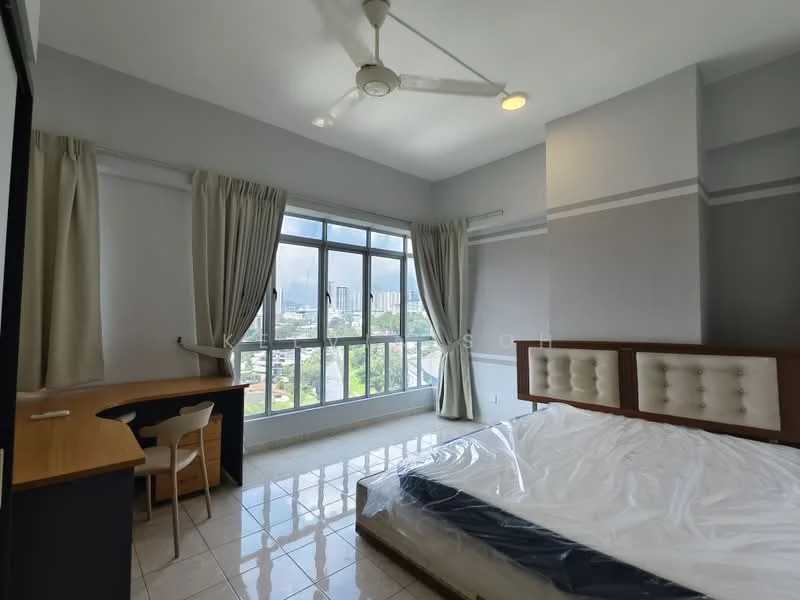 Bedroom features: king-size bed, upholstered headboard, floor-to-ceiling windows, curtains, study desk, wooden chair, ceiling fan, tile flooring, grey painted walls, city view; style: modern; view: city.