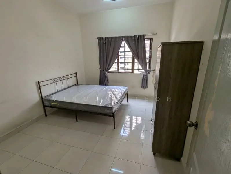 Bedroom features: single bed, grey mattress, white walls, tile flooring, window with horizontal bars, curtains in grey, wooden wardrobe, ceiling light.