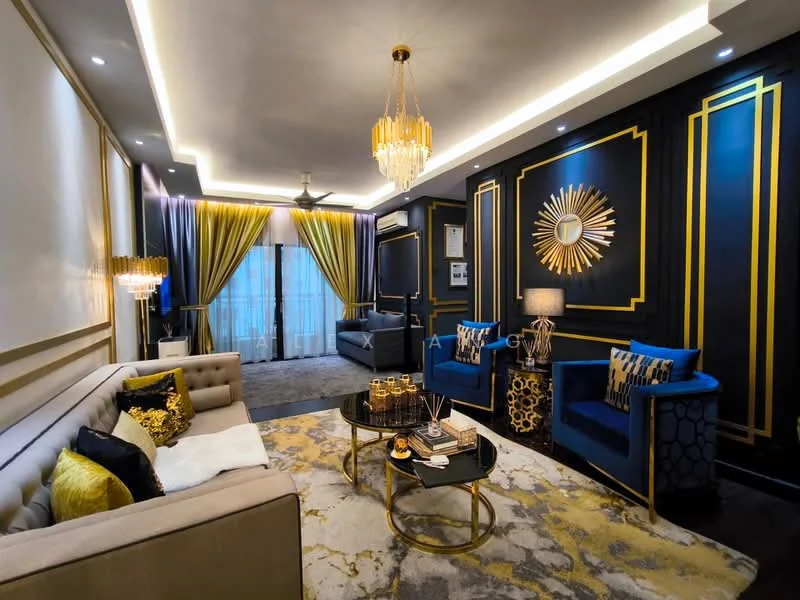 Living features: grey fabric sofa, gold accent pillows, blue velvet armchairs, round coffee table with gold accents, area rug with abstract pattern, chandelier with multiple bulbs, recessed LED downlights, gold-framed mirror, black accent wall with gold trim, curtains in yellow and blue, floor-to-ceiling windows, decorative wall panels; style: luxury.