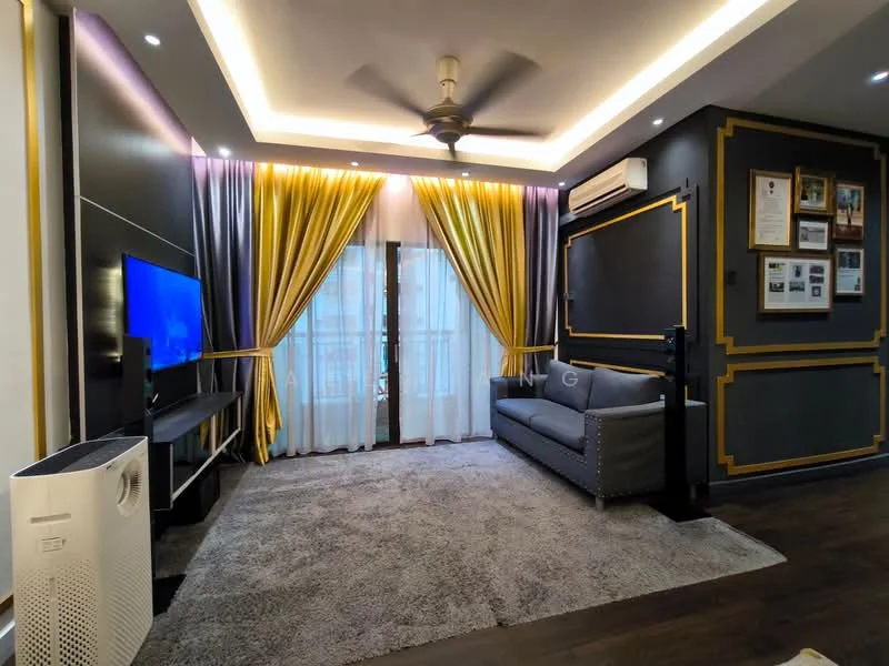 Living features: grey fabric sofa, 5-blade ceiling fan with light, wall-mounted TV, TV console, recessed LED downlights, curtains in yellow and purple, sliding glass door, decorative wall with framed photos, carpet flooring, air conditioning unit; style: modern.