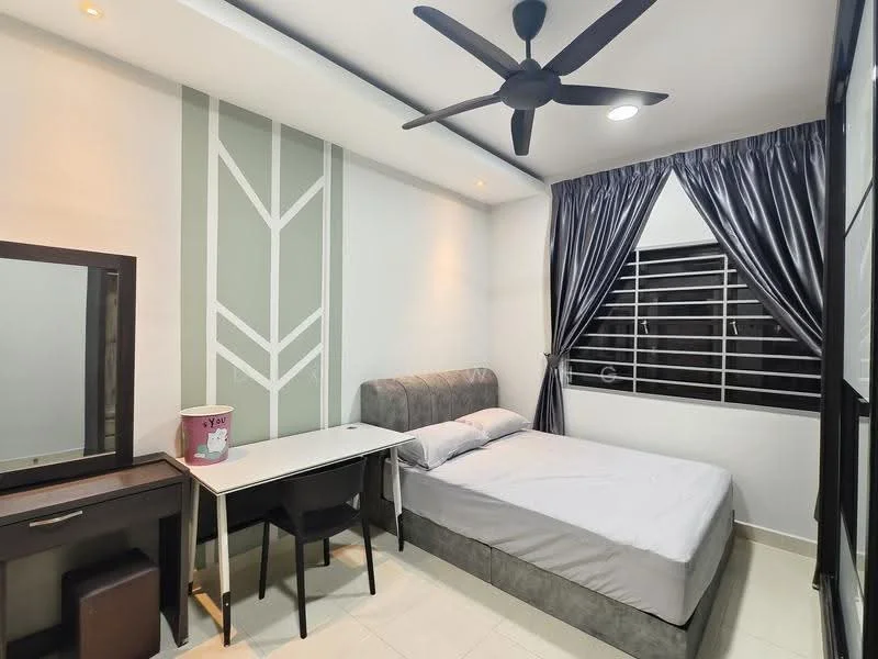 Bedroom features: queen-size bed with grey upholstered headboard, white bedding, black bedside table, study desk with white tabletop, black chair, full-length mirror, black curtains, wall-mounted ceiling fan, white painted walls, accent wall with geometric pattern, window with horizontal metal grilles, tile flooring; style: modern.