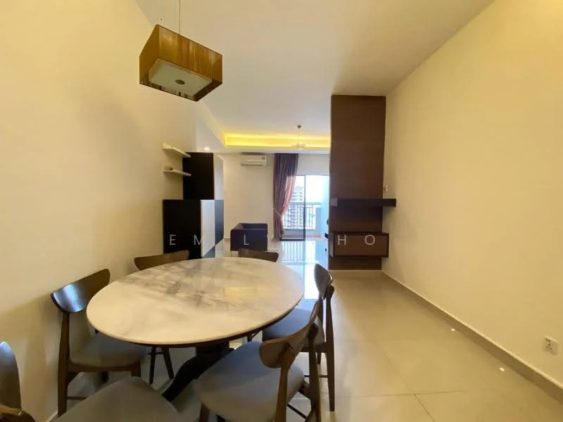 Dining features: round marble dining table, 6 wooden dining chairs, light wood cabinetry, wall-mounted TV console, cream painted walls, recessed ceiling lights, floor-to-ceiling windows with curtains, grey tiled flooring, air conditioning unit; style: modern; view: city.