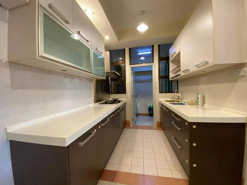 Kitchen features: white laminate cabinetry, dark wood lower cabinets, white solid surface countertop, stainless-steel sink, chrome pull-down faucet, built-in gas stove, tile backsplash, recessed lighting, pendant light, window with view to outdoor space, ceramic tile flooring; style: modern.