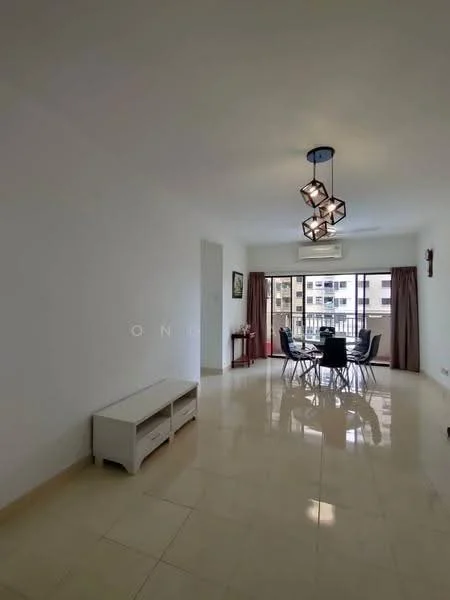 Dining features: white painted walls, cream tiled flooring, 5-blade ceiling fan with light, round dining table, upholstered dining chairs, floor-to-ceiling windows, curtains, sideboard, decorative wall art; style: modern; view: city.