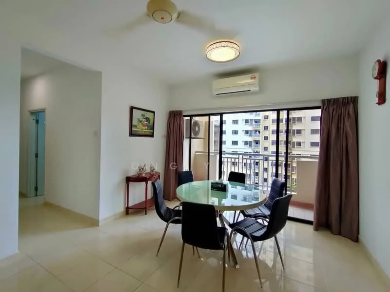 Dining features: round glass dining table, 6 black dining chairs, floor-to-ceiling sliding glass door, balcony access, white painted walls, cream tiled flooring, ceiling fan with light, wall-mounted air conditioning unit, curtains, decorative wall clock, framed artwork; style: modern; view: city. Room features: white painted walls, cream tiled flooring.