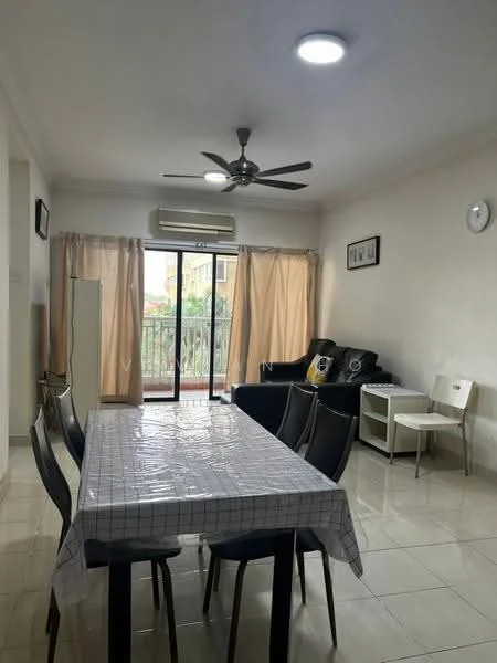 Dining features: 6-seater dining table with white tablecloth, black dining chairs, floor-to-ceiling windows, sliding glass door, curtains, ceiling fan with light, wall-mounted air conditioning unit, white walls, glossy tile flooring, decorative wall clock, sofa in dark color, small side table; style: modern; view: garden.