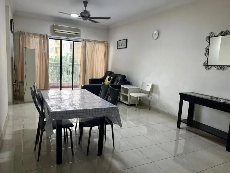 Living features: white painted walls, glossy ceramic tile flooring, 5-blade ceiling fan with light, floor-to-ceiling sliding glass door, curtains, black leather sofa, dining table with tablecloth, 4 black dining chairs, wall-mounted clock, decorative mirror, small console table; style: modern; view: garden.