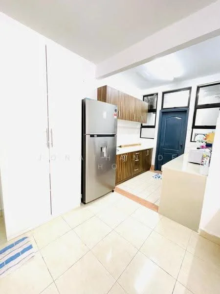 Kitchen features: stainless-steel fridge, laminate cabinetry in brown, white countertop, ceramic tile flooring, built-in cabinets, single-bowl stainless-steel sink, chrome pull-down faucet, wall-mounted cabinets, window with black frame, light fixture on ceiling; style: modern.