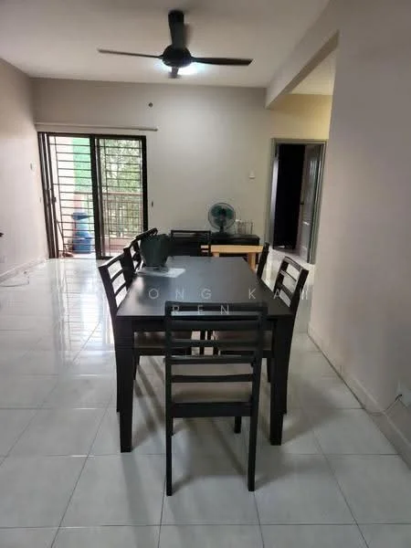 Dining features: 6-seater dining table, black wooden dining chairs, ceiling fan, tiled flooring, large sliding glass door, window with grille, light-colored painted walls, open layout to living area; style: modern; view: garden.