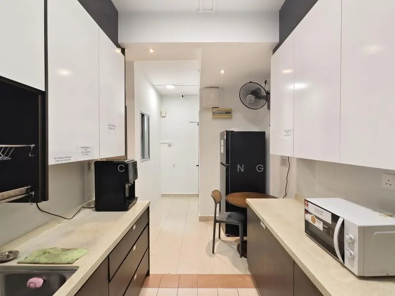 Kitchen features: white flat-panel cabinets, light-colored countertop, stainless-steel sink, single-bowl sink, chrome faucet, built-in microwave, freestanding fridge, black coffee machine, tile flooring, wall-mounted air conditioning unit, small round dining table, chair; style: modern.
