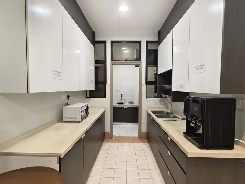 Kitchen features: white upper cabinets, dark wood lower cabinets, light-colored countertop, built-in microwave, kitchen sink, stainless-steel faucet, tile backsplash, ceramic tile flooring, recessed downlights, open shelving, kitchen island, coffee machine; style: modern.