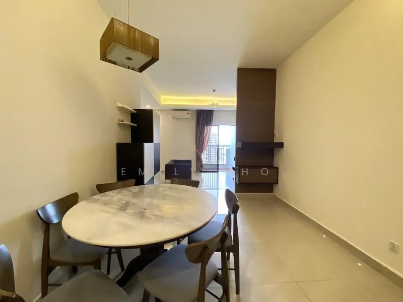 Dining features: round marble dining table, 6 upholstered dining chairs, wooden sideboard, wall-mounted shelf, floor-to-ceiling window, curtains, recessed ceiling lights, tile flooring, air conditioning unit; style: modern; view: city.