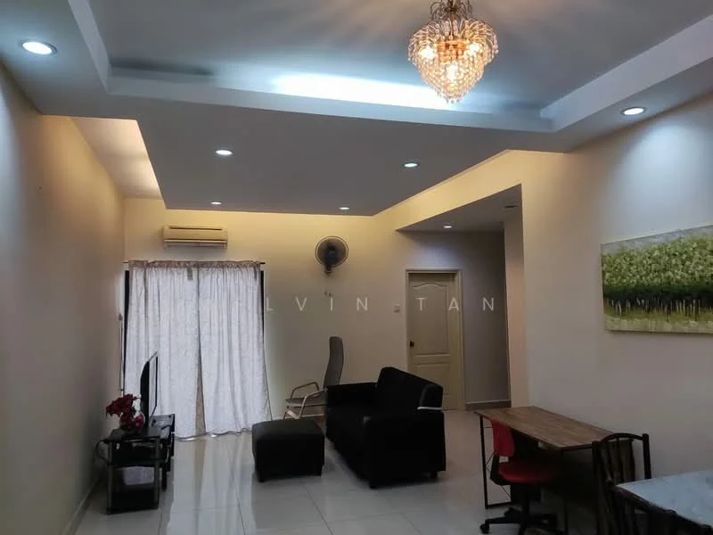 Living features: chandelier, recessed LED downlights, cream painted walls, white tiled flooring, floor-to-ceiling windows with sheer curtains, black 3-seater fabric sofa, grey armchair, TV console, wall-mounted TV, wooden dining table, red dining chair, air conditioning unit; style: modern.