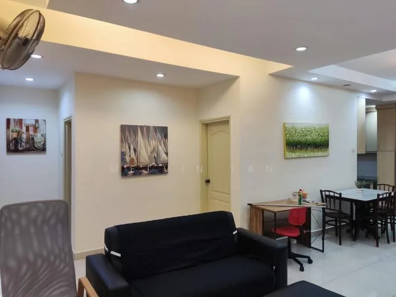 Living features: black fabric sofa, wooden dining table, black dining chairs, red dining chair, white painted walls, recessed LED downlights, framed artwork on walls, tile flooring, door leading to another room, wall-mounted air conditioning unit; style: modern.