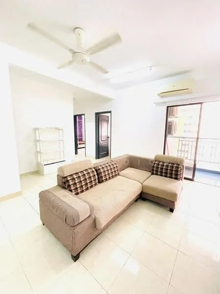 Living features: L-shape sectional sofa in beige with checkered cushions, cream painted walls, white ceiling, 5-blade ceiling fan, wall-mounted air conditioning unit, sliding glass door leading to balcony, tile flooring, open shelving unit, natural light from balcony; style: modern; view: city.