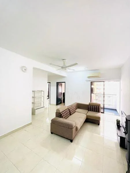Living features: cream painted walls, white ceiling, 5-blade ceiling fan, sliding glass door, floor-to-ceiling windows, light-colored tiled flooring, sofa with cushions, TV console, wall clock, open shelving unit; style: modern.