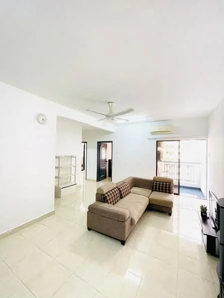Living features: beige fabric sofa, 5-blade ceiling fan with light, wall-mounted TV, tile flooring, white painted walls, large glass sliding door, balcony access, decorative wall clock, open shelving unit, natural light from windows; style: modern.