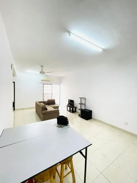 Living features: white painted walls, tile flooring, 5-blade ceiling fan with light, sofa in beige, coffee table, TV console, wall-mounted TV, large window with city view, LED ceiling lights; style: modern; view: city.