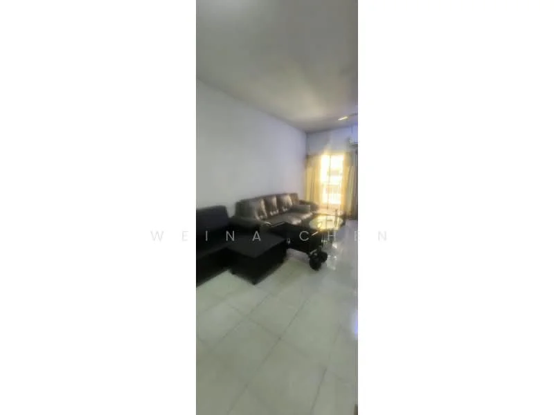 Living features: 3-seater leather sofa in black, 2-seater leather sofa in black, coffee table, white painted walls, glossy tile flooring, curtains, natural light from window, wall-mounted light fixture; style: modern.