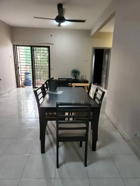 Dining features: dining table with 6 chairs, ceiling fan, large sliding glass door, white walls, glossy ceramic tile flooring, window with view of greenery, wall-mounted fan, open layout; style: modern; view: garden.