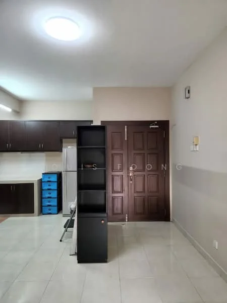 Room features: white painted walls, light-colored tiled flooring, ceiling light fixture, wooden front door, black shelving unit, kitchen cabinetry, stainless-steel fridge, blue storage drawers; style: modern.