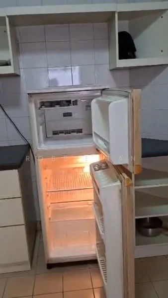 Kitchen features: fridge, white cabinetry, black countertop, tile backsplash, white tiled walls, floor tiles, open shelving, sink, cooking area.