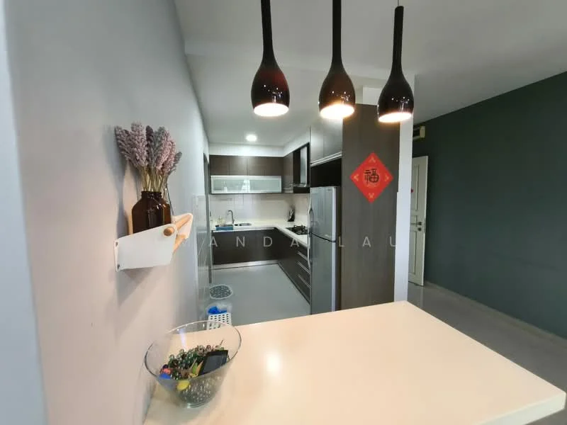 Kitchen features: white cabinets, dark wood cabinetry, stainless-steel appliances, built-in oven, freestanding refrigerator, countertop with bar seating, pendant lighting, grey backsplash, sink, open shelving, kitchen island, ceramic tile flooring; style: modern.