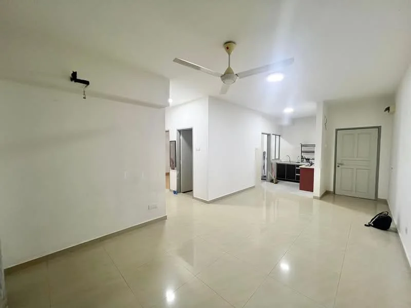 Living features: white painted walls, glossy beige tile flooring, ceiling fan with light, recessed downlights, open layout, doorway leading to kitchen, doorway leading to hallway, large windows for natural light; style: modern.
