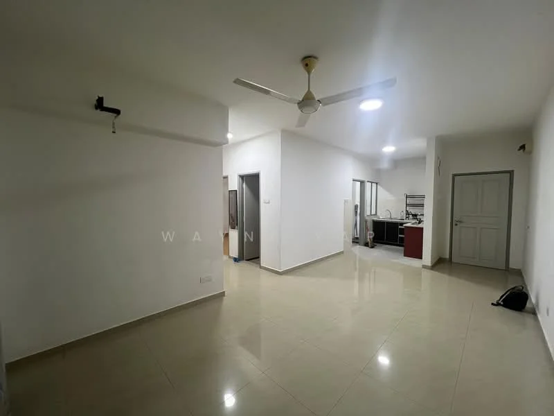 Living features: white painted walls, glossy beige tile flooring, ceiling fan, recessed LED downlights, open layout, doorway leading to kitchen, doorway leading to hallway, neutral decor; style: modern.